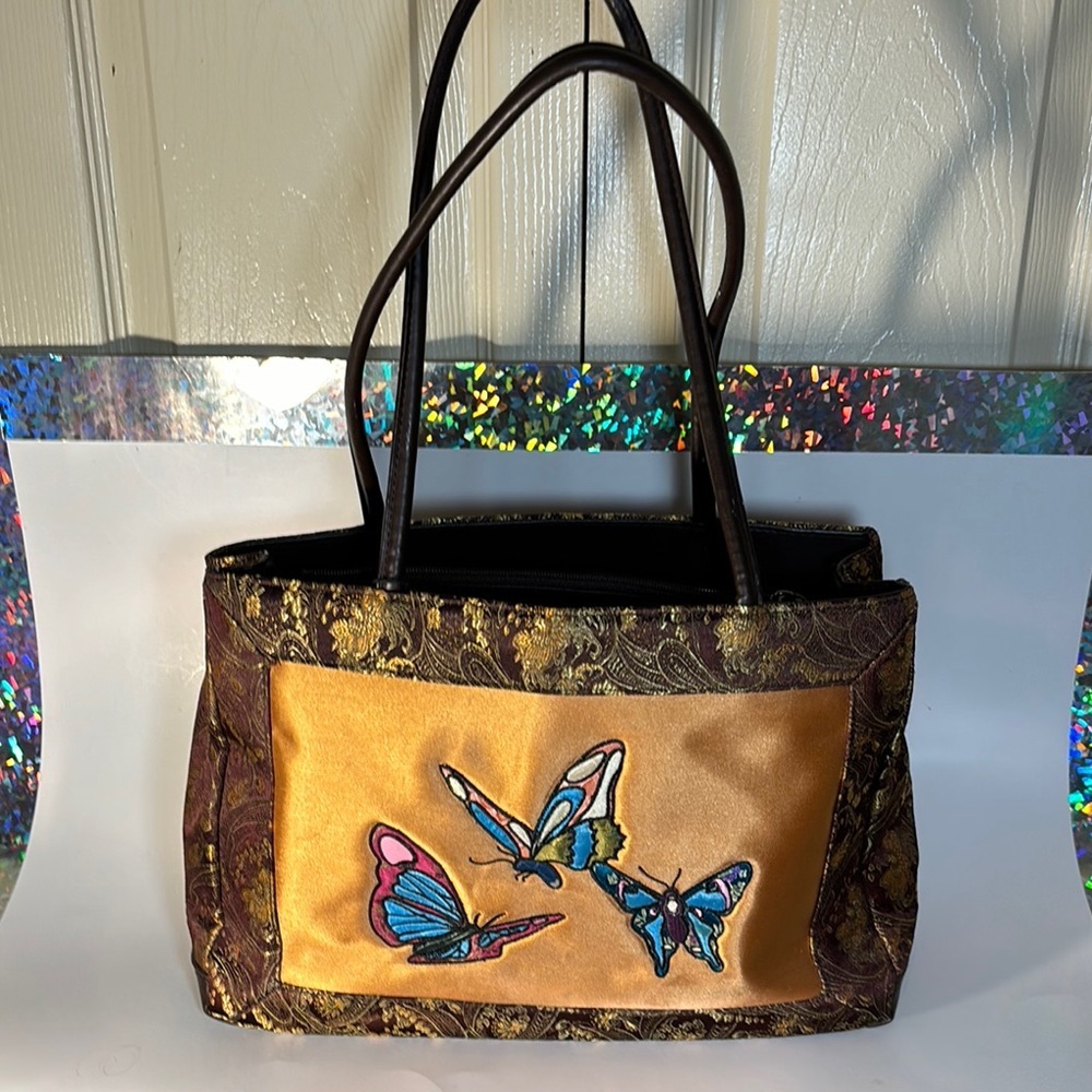 Gold and Brown Artistic Shoulder Bag with Butterfly Design